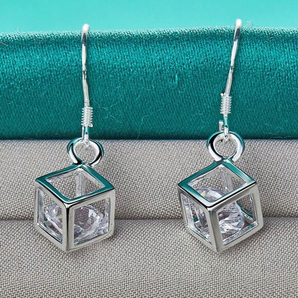 925 Sterling Silver Cube Dangle Drp Earrings Crystal Charm Dainty Classic Square - Picture 5 of 5